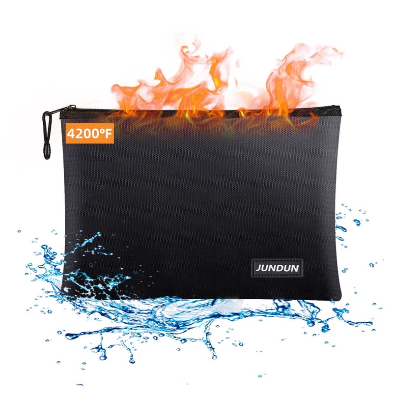 JUNDUN Fireproof Document Bags,14.2â€x 10.0â€Waterproof and Fireproof Money Bag with Aluminum Foil Lining,Fireproof Safe Storage Pouch with Zipper for Document and Cashï¼ŒBlack - Image 1